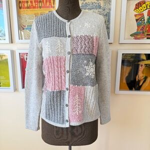 Cozy Patchwork Holiday Christmas Knit Sweater Cardigan – Soft Greys & Pinks